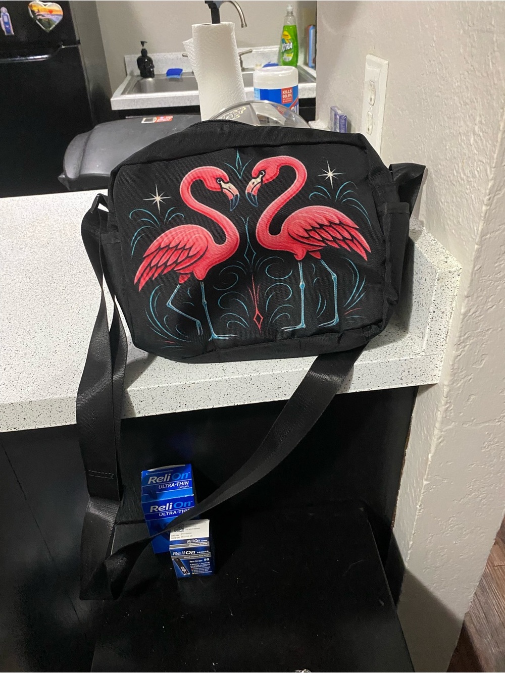 Black Crossbody Bag with Pink Flamingo Graphic